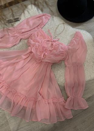Розовое платье платье платье розовое шифоновое с объемными рукавами мини вечерняя романтичная missguided6 фото