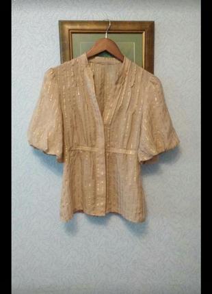 Легка шовкова блуза бежева в золотисту смужку ( люрекс)2 фото