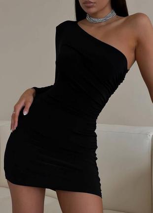 Сексуальна жіночна сукня міні коротка на одне плече облягаючими чорне крепдайвінг1 фото