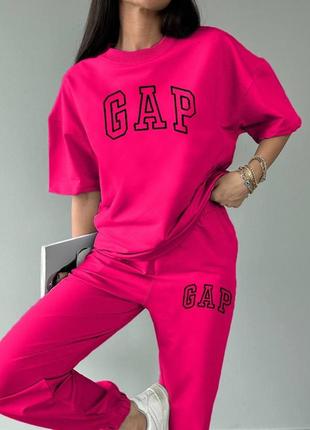 Женский весенний спортивный костюм gap из двухнитки с накатом футболка штаны размеры 42-523 фото