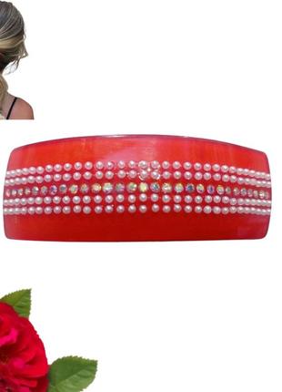 Шпилька автомат для волосся parisa 8 см червоний з перлинами