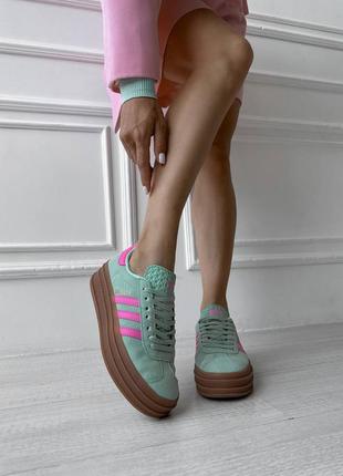 Кеди на високій платформі adidas gazelle green pink2 фото