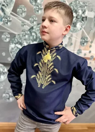 Вышиванка на мальчика "сине золотые колоски"габардин"2 фото
