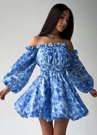Святкова квіткова міні сукня з опущеними плечами 2 кольори