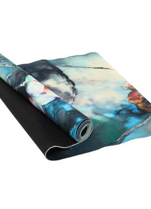 Килимок для йоги льняний (yoga mat) record fi-7157-3 розмір 183x61x0,3см принт зимородки і лотос синій