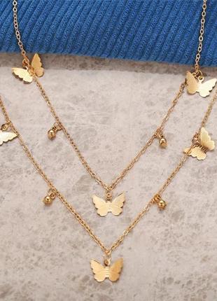 Ожерелье колье чокер многослойная цепочка золотистая с подвеской бабочки бабочка4 фото