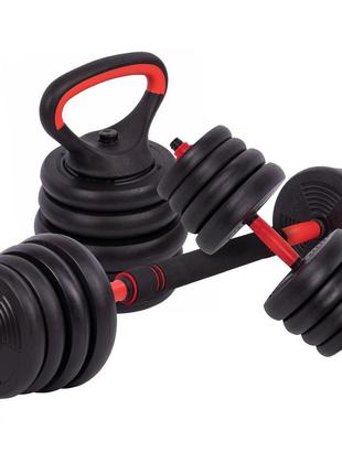 Набір гантелей зі штангою та гирей 3в1 багатофункціональний sport-trade ln-1100-30 вага 30кг чорний-червоний