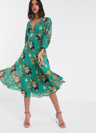 Зеленое плиссированное платье миди с крыльями летучей мыши asos design