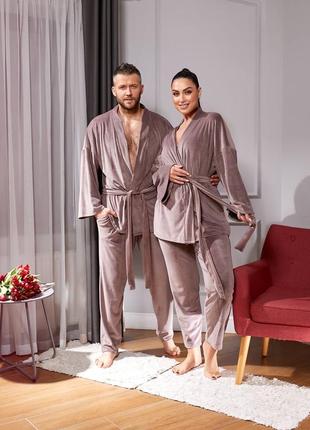 Family look❤️ домашній велюровий комплект халат - кімоно + штани вільного крою костюм