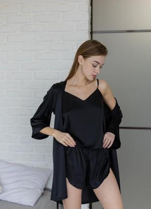 Черная классическая пижама + халат шелк без кружева пижама шелк для дома и сна свидания