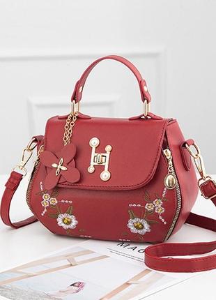 Женская мини сумочка с вышивкой, маленькая сумка с цветочками красный