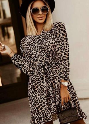 Платье женское леопардовое с резинкой на поясе