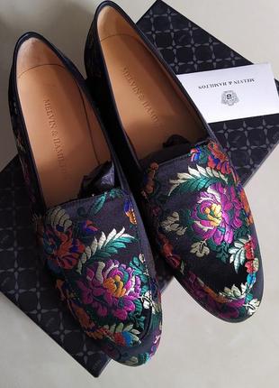 Новые лоферы melvin & hamilton туфли слипоны чёрные в цветы кожа + шёлк премиум