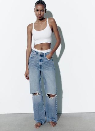 Джинсы синие zara широкие с потертостями прямые с высокой посадкой
