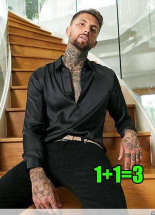 😉1+1=3 брендовая мужская сатиновая черная рубашка relaxed fit zara, размер 48 - 50
