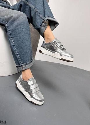 Серебряные блестящие женские кроссовки кеды на липучках из натуральной кожи3 фото