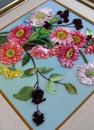 Картина, вишита стрічками, квіти та ягоди1 фото
