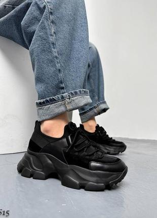 Черные женские кроссовки на высокой подошве утолщенной из натуральной кожи1 фото