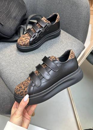 Эксклюзивные кеды кроссовки леопардовые тигровые из итальянской кожи и замши женские на липучках8 фото