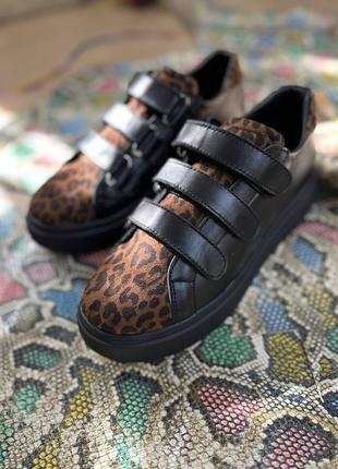 Эксклюзивные кеды кроссовки леопардовые тигровые из итальянской кожи и замши женские на липучках5 фото