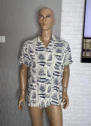 Льняная рубашка принт на морскую тематику лен h&amp;m, l-xl 54р