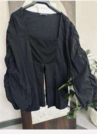 Удлиненная блуза топ, кофта с разрезами и объемными рукавами zara7 фото