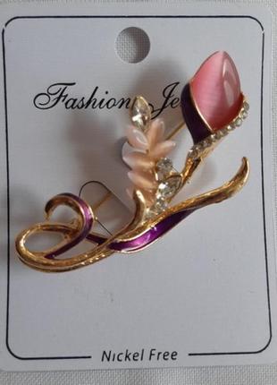 Брошь цветок розовый кварц fashion jewelry