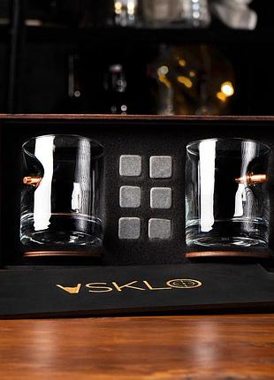 Каміння для віскі + склянка 2 шт. зі справжньою кулею 7.62 мм + деревʼяна коробка