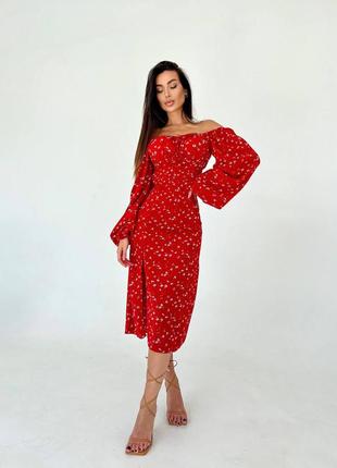 Платье миди в цветочек с рукавами фонариками на резинке декольте с кулиской приталенное корсетное с разрезом крестьянка чёрное красное оливка лаванда
