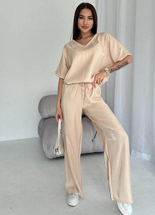 Костюм двойка футболка + штаны ткань кристал переливается блуза туника з короткими рукавами широкие брюки палаццо на резинке черный серый золотой