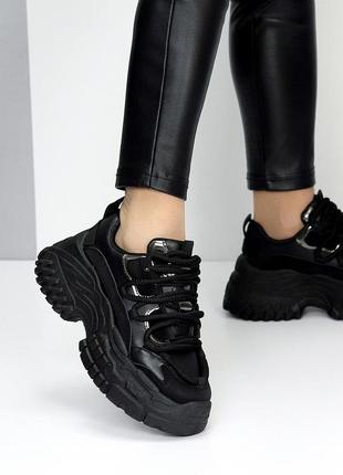 Черные миксовые кроссовки сникерсы на платформе крутая шнуровка6 фото