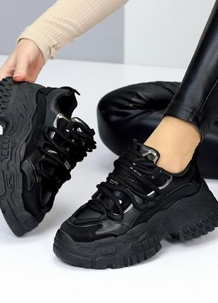 Чорні міксові кросівки снікерси на платформі круте шнурівка
