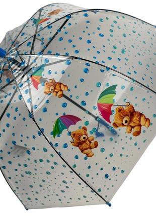 Детский прозрачный зонт-трость полуавтомат с яркими рисунками мишек от rain proof, с синей ручкой топ
