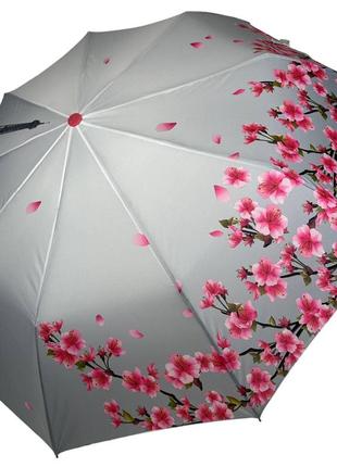 Женский зонт полуавтомат от toprain с эйфелевой башней и сакурой, малиновая ручка топ