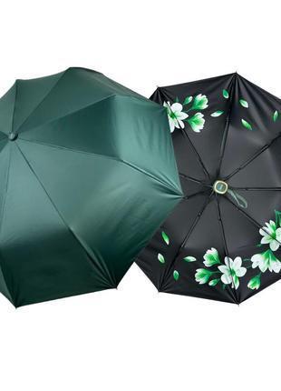 Женский зонт полуавтомат с рисунком цветов внутри от susino на 9 спиц антиветер, зеленый топ