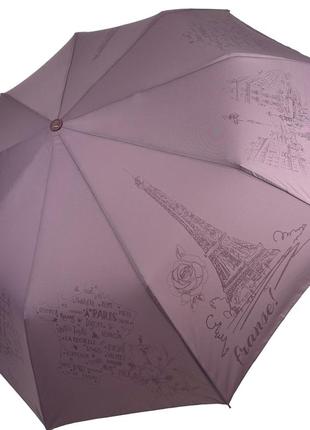 Женский складной зонт полуавтомат на 9 спиц c тисненым принтом парижа от frei regen, пудровый топ