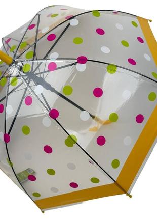 Дитяча прозора парасоля-тростина, напівавтомат в кольоровий горошок від rain proof, з жовтою ручкою, 0259-22 фото