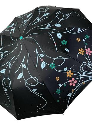 Жіноча парасоля напівавтомат від bellissimo, чорний з квітами, ручка бірюзова, м0529-4