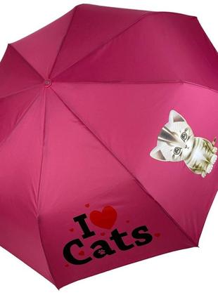 Детский складной зонт для девочек и мальчиков на 8 спиц "i♥cats" с котиком от toprain, ярко-розовый, 02089-5