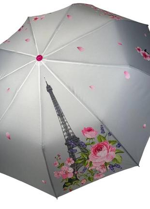 Жіноча парасоля напівавтомат від toprain з ейфелевою вежею і сакурою, рожева ручка, 0625-1