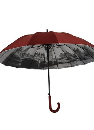 Женский зонт-трость с городами на серебристом напылении под куполом, бордовый, 01011-7 топ3 фото