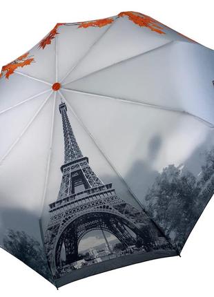 Жіноча парасоля напівавтомат від thebest з ейфелевою вежею і листям, помаранчевий, 0544-22 фото