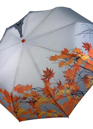 Жіноча парасоля напівавтомат від thebest з ейфелевою вежею і листям, помаранчевий, 0544-23 фото