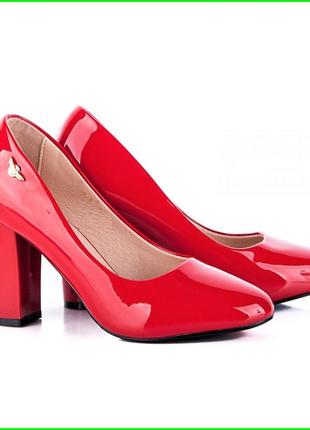 Женские красные туфли на толстом каблуке лаковые модельные (размеры: 36,38,39) - 072 топ