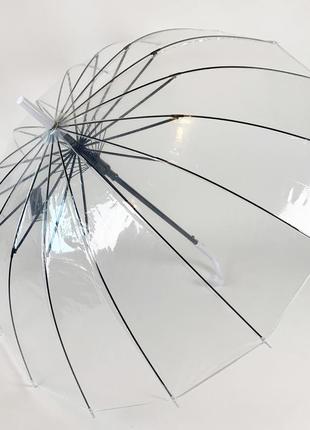 Прозрачный зонт-трость, полуавтомат с белой ручкой и каймой по краю купола от toprain, 0688-1 топ2 фото