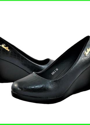 Женские туфли на танкетке чёрные на платформе лаковые кожаные (размеры: 36,37,38,39,40) - 08-2 топ