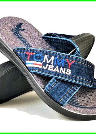 Мужские шлёпанцы джинсовые тапочки сланцы tommy jeans (размеры: 40,41,42,43,45) топ