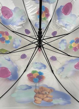 Детский прозрачный зонт-трость полуавтомат с яркими рисунками мишек от rain proof, с розовой ручкой топ3 фото