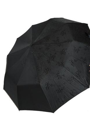Женский зонт полуавтомат на 10 спиц bellisimo "flower land", проявка, черный цвет, 0461-4 топ