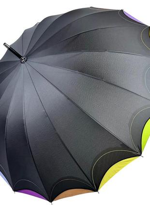Жіноча парасоля-тростина напівавтомат на 16 спиць від susino з різнокольоровими краями, чорний, sys 031087-22 фото